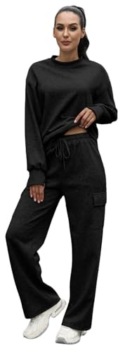 SotRong Damen Athleisure-Trainingsanzug-Set, übergroßer Rundhalsausschnitt, Sweatshirt und Kordelzug, Jogginghose mit 4 Cargotaschen, gemütliches Winter-Co-Ord, 2-teiliges Lounge-Set, Schwarz , XL