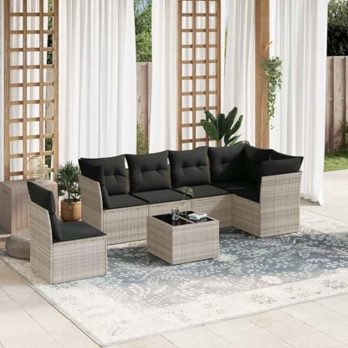 Qnhdfrt Garten Sofa Garnitur 7 teilig Hellgrau PE Rattan Lounge Set mit Stauraum und Kissen für Terrasse Garten Balkon