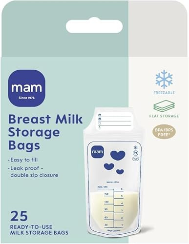 MAM Milk Storage Bags | Pack of 25 | Leak-Proof and Pre-Sterilised Breast Milk Storage Solution | Space Saving Design | Easy to Pour and Store | Baby Essentials for Newborn