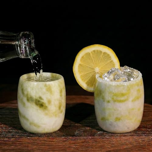 Xarizon Natural Jade Shot Glasses Set of 2, Drum Shape, 1.8oz Sake Cups | Handcrafted Stone Drinking Cups for Tequila, Whisky, Espresso & Tea, Unique Gift for Dad, Coffee Lovers
