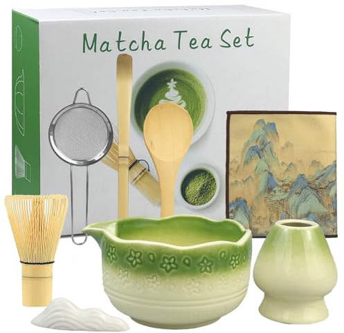 ZBXSNK Matcha Set - 8Pcs Handmade Matcha Kit Including Bamboo Whisk Scoop & Holder, Ceramic Bowl, Sifter, Tea Cloth & More with Elegant Box, Ideal Matcha Gift for Enthusiasts & Beginners