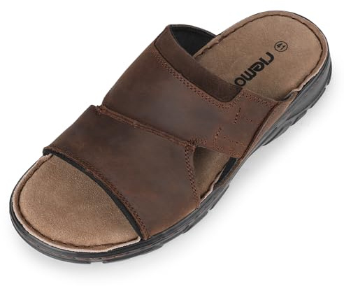 riemot Men's Leather Slide Sandals Open Toe Slip On Sandals for Men Brown Casual Summer Sandal Cushioned Comfortable Padded Strap Indoor Outdoor Garden Holiday Shoes