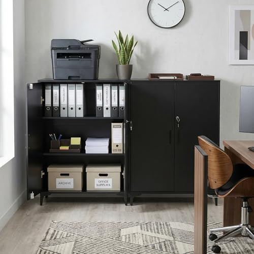ZECIIYE Aktenschrank Abschließbar 80x40x100cm, 2er Set, Büroschrank, Mehrzweckschrank mit 2 Türen & Verstellbaren Regalen, Schrank Abschließbar für Arbeitszimmer, Wohnzimmer und Büro, Schwarz