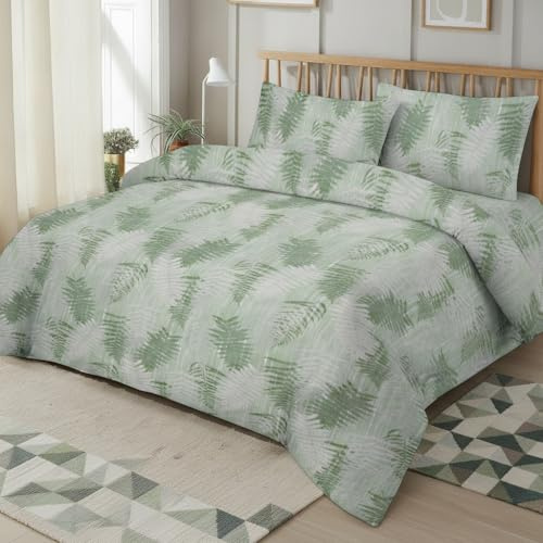 M&J Home 3 Piece Double Duvet Cover Set, Floral Fern Green, Polycotton Blend 132 Thread Count, OEKO-TEX Certified, Button Closure, Easy-Care, Includes Duvet Cover & Pillowcases