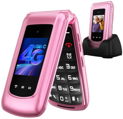 CHAKEYAKE Telephone Portable Senior, Téléphone à Clapet 4G Débloqué avec Grandes | Guidage Vocal |Double Nano SIM| Touche SOS| Double Écran 2,4 + 1,77| Station de Charge| Téléphone Senior,Rose