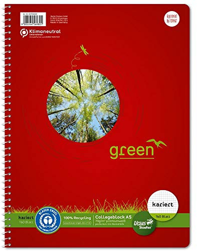Staufen Green Collegeblock - DIN A5, 5mm kariert, 160 Blatt, 4-fach Lochung, premiumweißes 70g/m² Recyclingpapier, 1 Stück