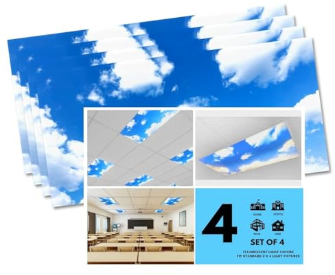 ShadeMAGIC - 4 Pack of Fluorescent Light Covers - 2x4 Film Insert for Ceiling Light Diffuser Panels - Sky Clouds - for Classrooms and Offices - Decorative Lighting (4)
