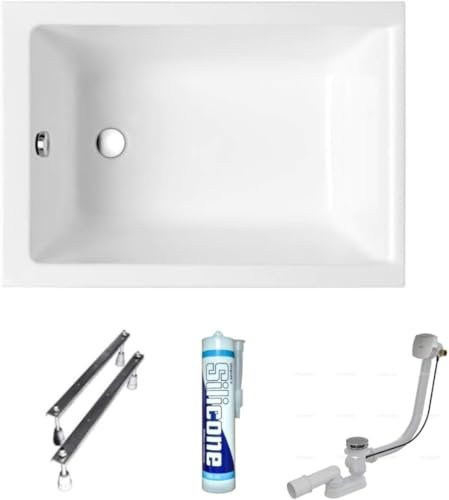 ECOLAM Petite baignoire rectangulaire acrylique Capri Polimat 120x70 cm + siphon automatique pieds et silicone | petit baignoire