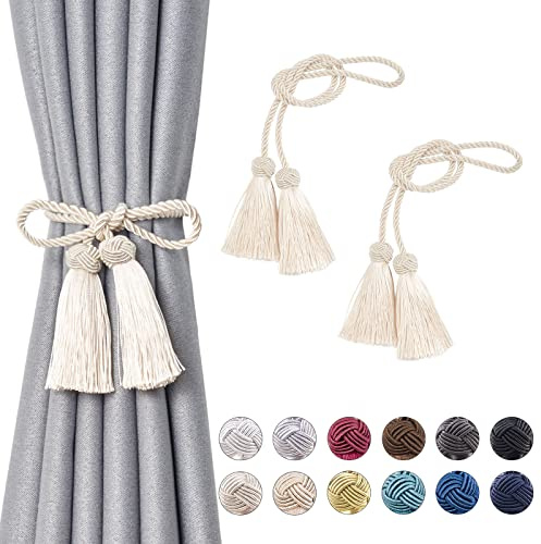 Pretty Jolly 2 Stück doppelte Quaste Vorhang Raffhalter handgemachte Seil Knoten drapieren Raffhalter Krawatte zurück Elegante dekorative Vorhanghalter für Haus & Büro Fenster Draperie (Beige)