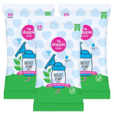 Dapple Lot de 3 lingettes pour tire-lait pour bébé, alimentées par des plantes, hypoallergéniques, éliminent les résidus de lait, sans rinçage, sans parfum, 25 pièces
