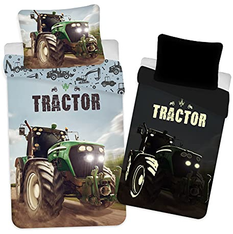 BrandMac ApS Bettwäsche-Set Traktor, Bettbezug 135x200 cm + 1 Kissenbezug 80x80 cm, 100% Baumwolle, Glow in The Dark | Wendebettwäsche | Traktor Leuchtet im Dunkeln | 100% Baumwolle Öko-Tex | Jungen | Einzelbett | BrandMac