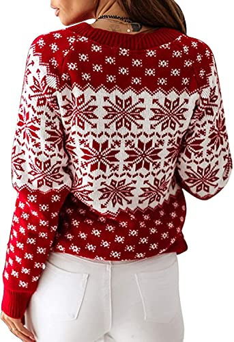 ZAFUL Women's Christmas Snowflake Knitted Sweater Long Sleeve Crew Neck Heart Print Pullover Knitwear Red