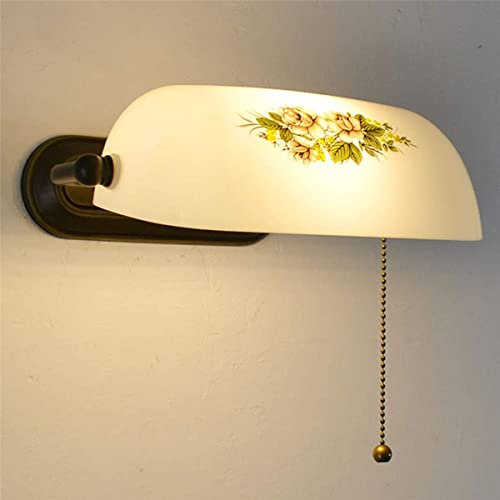 QJUZO Retro Wandleuchte Mit Zugschalter, Banker Lampe Landhausstil Tiffany Wandlampe, Glasmalerei Lampenschirm E27 Wandbeleuchtung Schlafzimmer Nachttischlampe Wohnzimmerlampe Studieren Licht,K