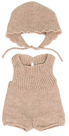 Strick-Kleiderset für Miniland Dolls, aus recyceltem Material, für 38cm Puppen. Modell: Strampler und Mütze, 31688, beige