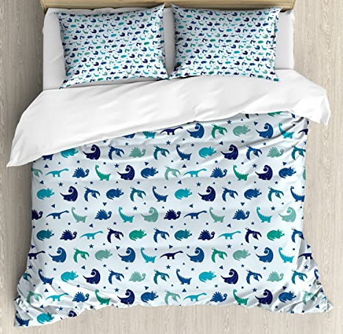 Ambesonne Cartoon Dino Duvet Cover Sets, Continuous Dinosaurs and Geometric Shapes in Blue Tones, Bedding Set with 2 Duvet Covers & 2 Pillowcases, 2 Pack Twin Size, Pale Blue Multicolor