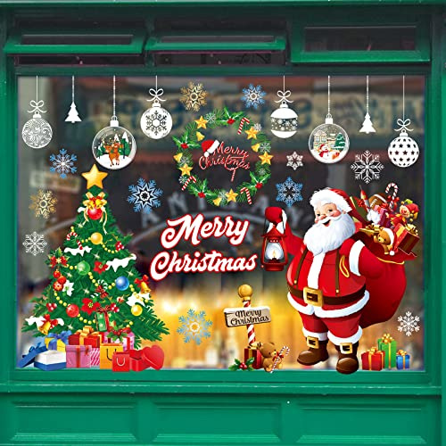 TOMEEK 4 Bögen Weihnachtsfenster Aufkleber Weihnachtsmann Schneeflocke Fensterdekoration Wiederverwendbarer statisch haftender PVC-Aufkleber für Weihnachtsfeiern, Neujahr und DIY-Dekorationen