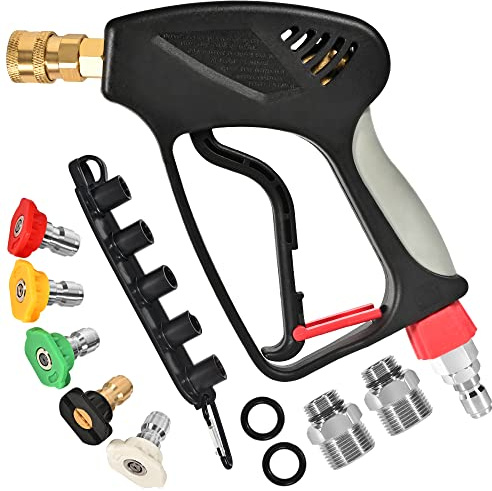 WXMECH Hochdruckreiniger-Kurzpistole, 5000 PSI Hochdruck, Auslösegriff und professioneller 3/8-Zoll-Schnellverbindungsstecker, M22–14 mm/15 mm Anschlussadapter, 5 Sprühdüsenspitzen mit Halter