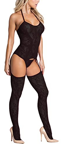 CheChury Stockings and Suspenders Set Body Stocking Fishnet Chemise Sexy Nightwear for Women Lace Garter Lingerie Set Without Thong,Black