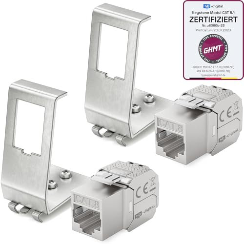 hb-digital Set di 2 moduli Keystone RJ45 CAT.8 + 2 adattatori per guida in metallo da 35 mm standard | RJ45 Jack schermato in acciaio inox LSA montaggio Ethernet LAN Switch