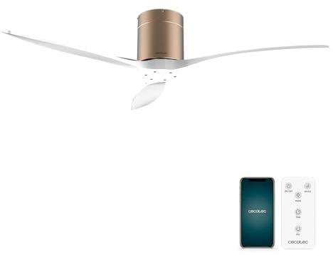 Cecotec Deckenventilator EnergySilence Aero 5500 Aqua GoldWhiteWood | Connected, 40-W-DC-Motor, 132 cm, WLAN-Steuerung, IP44, 3 Flügel, 6 Stufen, Fernbedienung, Timer bis 8 Std