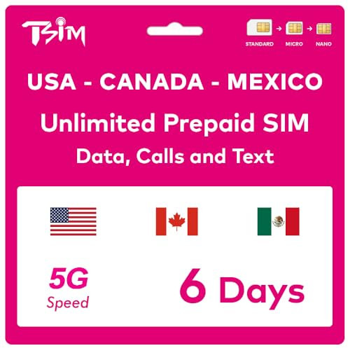 Tarjeta SIM prepago TSIM para 6 días Viaje | Datos de Internet 4G/5G ilimitados en EE UU+100 MB de Datos en Canadá y México, Llamadas ilimitadas a EE UU,Canadá y México Mensajes de Texto ilimitados