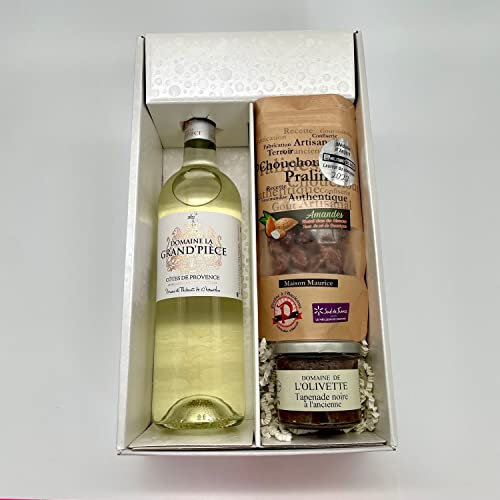 Caja de regalo Grand Pièce Côtes DE PROVENCE blanco +1 Chouchou Almendras Praliné y Pimiento Dulce(100g) +1 Tapenade negro(100g)