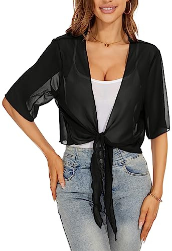 Bolero Cardigan Mujer Verano Gasa Manga Corta Chal de Fiesta Toreras Mujer con Corbata Chaqueta Mujer Talla Grande Primavera Otoño