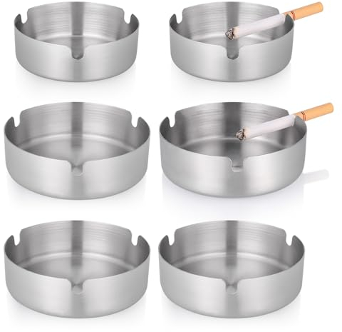 Huiguli 6 Pcs Cigarette Ashtray, Round Stainless Steel Ash Trays, Metal Ashtrays for Cigarettes, Portable Cigarette Cigar Ashtray Set for Indoor, Outdoors, Home, Office