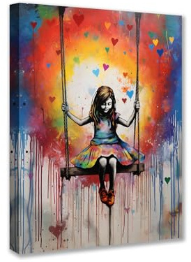 Tucocoo 1 Stück Leinwand Wandkunst Kleines Mädchen Swing Bilder Banksy Street Pop Art Gemälde Zeitgenössische Kunstwerke Liebe Wohnkultur für Wohnzimmer Holzrahmen Galerie verpackt fertig zum