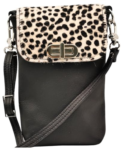 AnnaMatoni Handytasche zum Umhängen echt Leder Made in Germany, Handy Umhängetasche, Handytasche zum Umhängen, handtasche 100% Soft Nappa Leder mit echt Kuhfell umhängetasche Schwarz