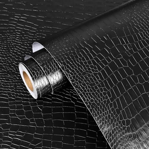 Yullpaper Tapete Schwarz Luxus Klebefolie Schwarz für Schlafzimmer Ledermuster Strukturtapete Schwarze Folie Selbstklebend für Möbel Vintage Wand Tapete Wohnzimmer Arbeitsplatte Folie 40cm X 300cm