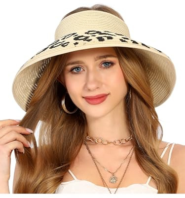 sy soul young Sommerhut für Damen Strohhut Ponytail Loch Wide Brim Hut(Beige mit Leopard 2)