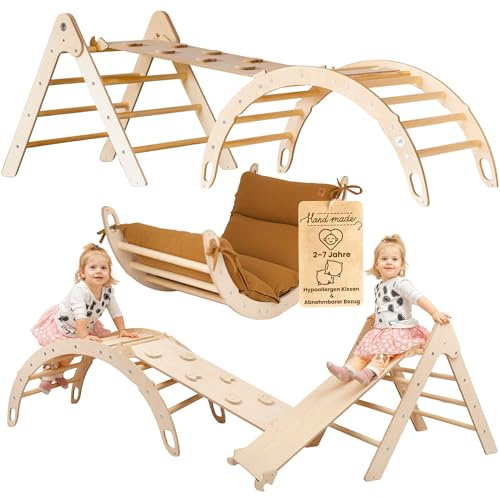 WoodsCraft 3in1 Set: Kletterdreieck, Kletterbogen & Rutsche/Kletterrampe | mit hypoallergen Kissen für Kletterbogen, holz Montessori Klettergerüst indoor, Babyrutsche, Klettern Baby & Kinder