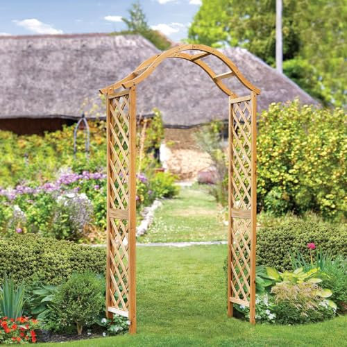 Woodland Wooden Garden Arch - Decorative Outdoor Climbing Plant Support Trellis Arbour Archway for Patio, Pathway, Lawn, Yard - Measures H221 x W114 x D40cm, Natural Tan