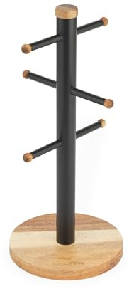 Salter BW13566EU7 Toronto Mug Tree – Acacia Wood Cup Holder for Kitchen Countertop Tabletop, 6 Branch Display Stand for Coffee Mugs/Tea Cups, Freestanding Sturdy Steel Storage Rack, Black