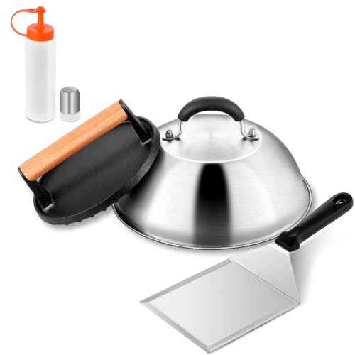 Leonyo Smashed Burger Kit, 9 Cheese Melting Dome, 7 Burger Press, Griddle Spatula, 2Pcs Squeeze Squirt Bottles, Spice Dredge Shaker, Griddle Accessories Kit for Flat Top Grill Cooking Indoor Outdoor