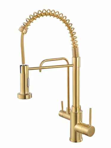 3 Wege Wasserhahn Küche Ausziehbar Gebürstetes Gold Küchenarmatur Spiralfeder Trinkwasserhahn Küche 3 in 1 Mischbatterie Küche Wasserhahn für Wasserfilter