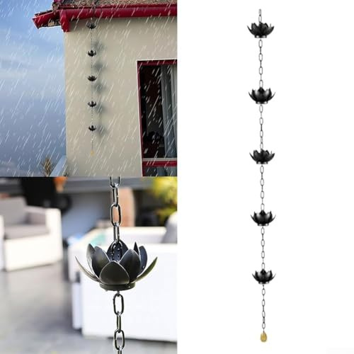 Lotus Rain Chain, 1.2 Meters Outdoor Metal Rain Chains For Gutters With 5 Lotus, Garden Hanging Chain, Rain Catcher Chain For Eaves Drainage, Downspout, Outdoor Decor