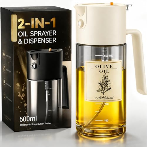 Spruzzatore per olio da cucina, 2 in 1, dispenser per olio d'oliva, bottiglia per cucinare, 500 ml, spruzzatore in vetro per olio d'oliva, brevettato, spray continuo con controllo delle porzioni, per