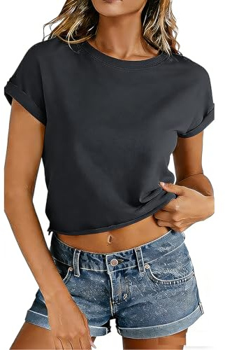 Eniloyal Cropped Shirt Damen Sommer Tshirt Crop Tops T-Shirt Kurzarm Sport Oberteil Bauchfrei Kurz Locker Luftig Baumwolle Dunkelgrau