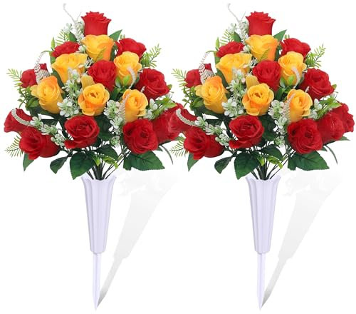 LOSFOTBO Set of 2 Artificial Cemetery Flowers, Grave Memorial Flowers with Vase, Outdoor Grave Decorations Roses for Cemetery Headstones Decoration (Red Yellow)