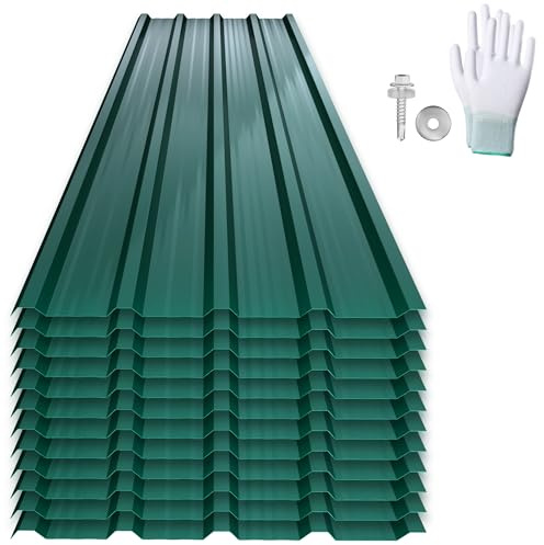 SUBTLETY 12er Wellplatten Verzinkter Stahl Trapezblech Dachblech Set mit inkl. Schrauben und Handschuhe Wetterfest Formblech Profilblech Dachplatten Blechdach für Garagen, Lagerhäuser (Grün, Typ A)