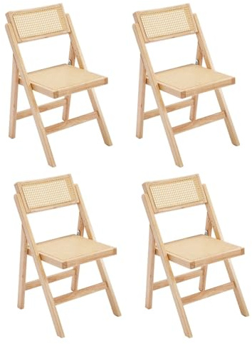 chairus Esszimmerstühle 4er Set Klappstuhl Holz Küchenstühle Rattan Gelb | Klappstühle Küche Klappbare Rattanstühle Vintage Akzentstühle für Esszimmer Wohnzimmer Balkon, Holzstuhl