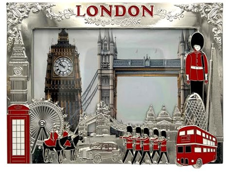 Photo Frame - London Landmarks Metal Picture Frame 20 x 16 cm - Union Jack Souvenir Tabletop Desktop Home Decor Gift (Silver)