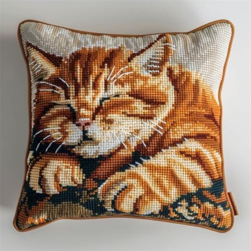 KnüpfKissen Set Erwachsene Kinder mit vordruck Sleep Katzen Orange Weiß knüpfteppich zum selber knüpfen Kissenbezug Anfänger DIY Handarbeit Stickerei Sets Handgemachtes Handwerk Sofa Wohnkultur 43x43c