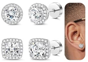 Habselikob 2 Paires Boucles d'Oreilles Homme Femme Zircone Cubique Clous d'Oreilles Set Rondes Carrées Boucles d'Oreille Argent Or