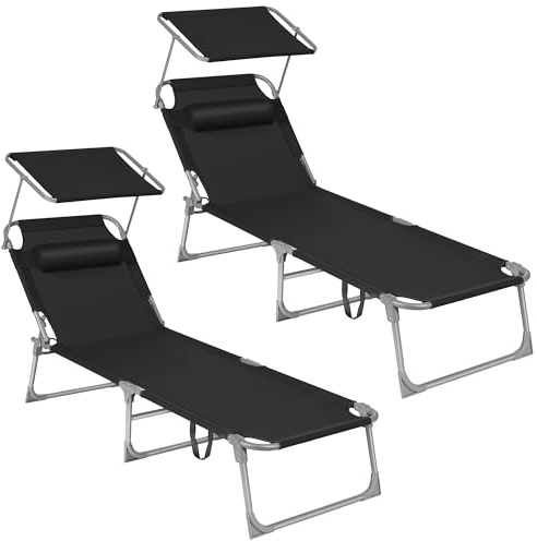 SONGMICS Sonnenliege, 2er Set, klappbarer Liegestuhl, 193 x 53 x 29 cm, bis 150 kg belastbar, Sonnenschutz, Kopfstütze, verstellbare Rückenlehne, für Garten, Pool, Terrasse, schwarz GCB192B02