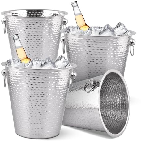 EVOKK 4 Pack Silver Wine Ice Bucket Stainless Hammered Steel Champagne Cooler with Handles Large Metal Ice Bucket for Wine Champagne and Beverages Premium Bar and Party Accessory