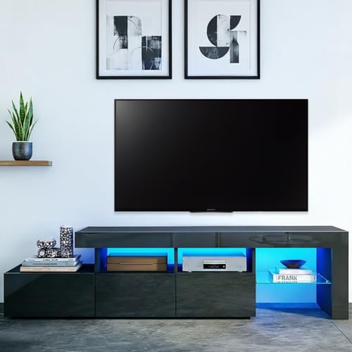 TV Stand Cabinet with LED Lights, Black High Gloss TV Unit with 3 Drawers | 2 Open Shelves, 1 Glass Shelf, LED TV Stand Entertainment Center, Gaming TV Cabinet for Living Room Bedroom