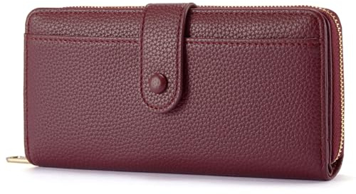Grand porte-monnaie femme portefeuille femme en cuir synthétique lisse et souple, bourse longue avec fermeture à glissière et bouton-pression, pochette féminine avec multiples compartiments Bordeaux
